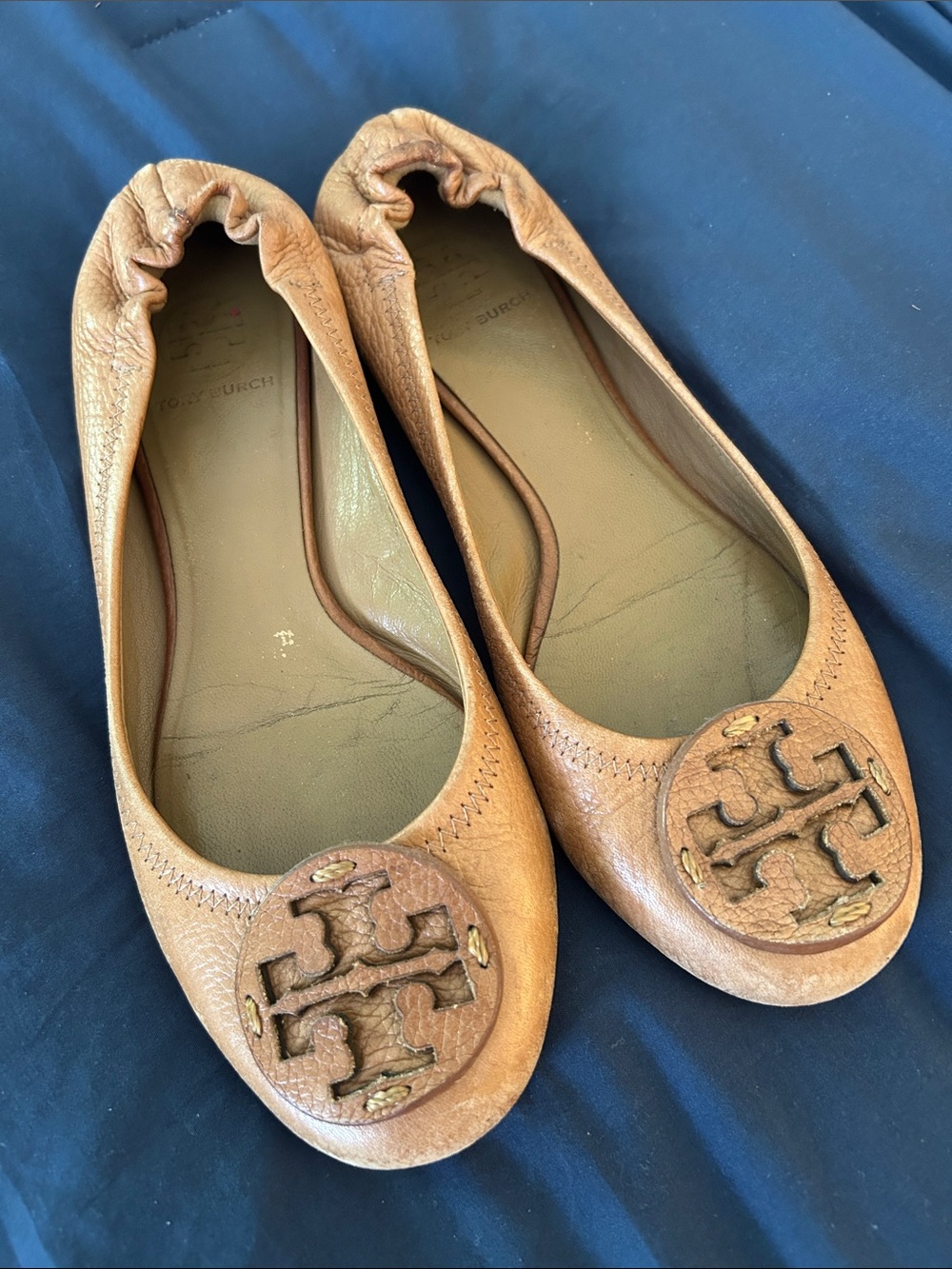 Tory Burch Cognac Leather Logo Ballet Flats
